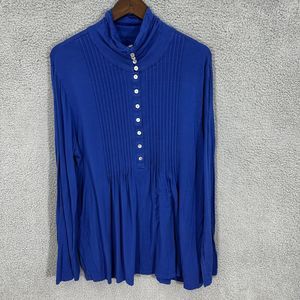 Soft Surroundings top womens 1X blue 1/4 button tunic long sleeve high neck